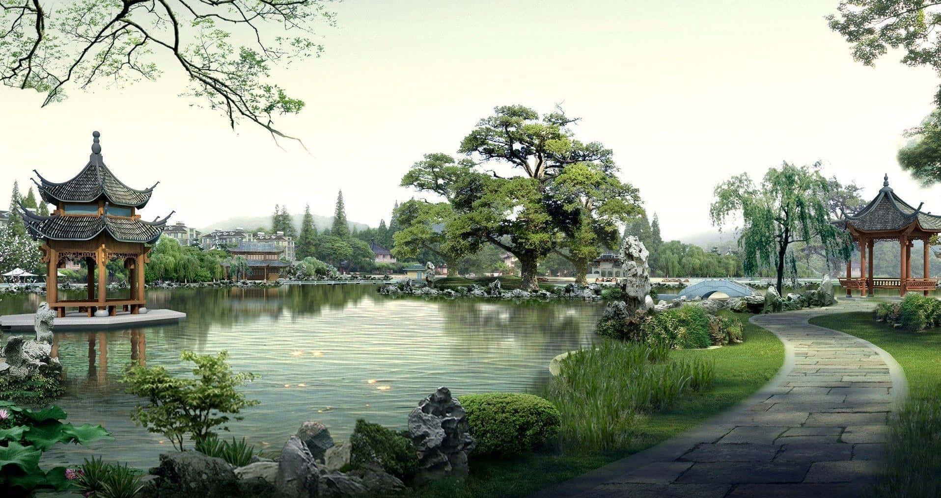 Samurai Garden 桌布 壁紙 — 一個寧靜的傳統中式花園，蜿蜒的石徑、平靜的池塘、華麗的亭台樓閣，以及柔和的日光下鬱鬱蔥蔥的綠植。