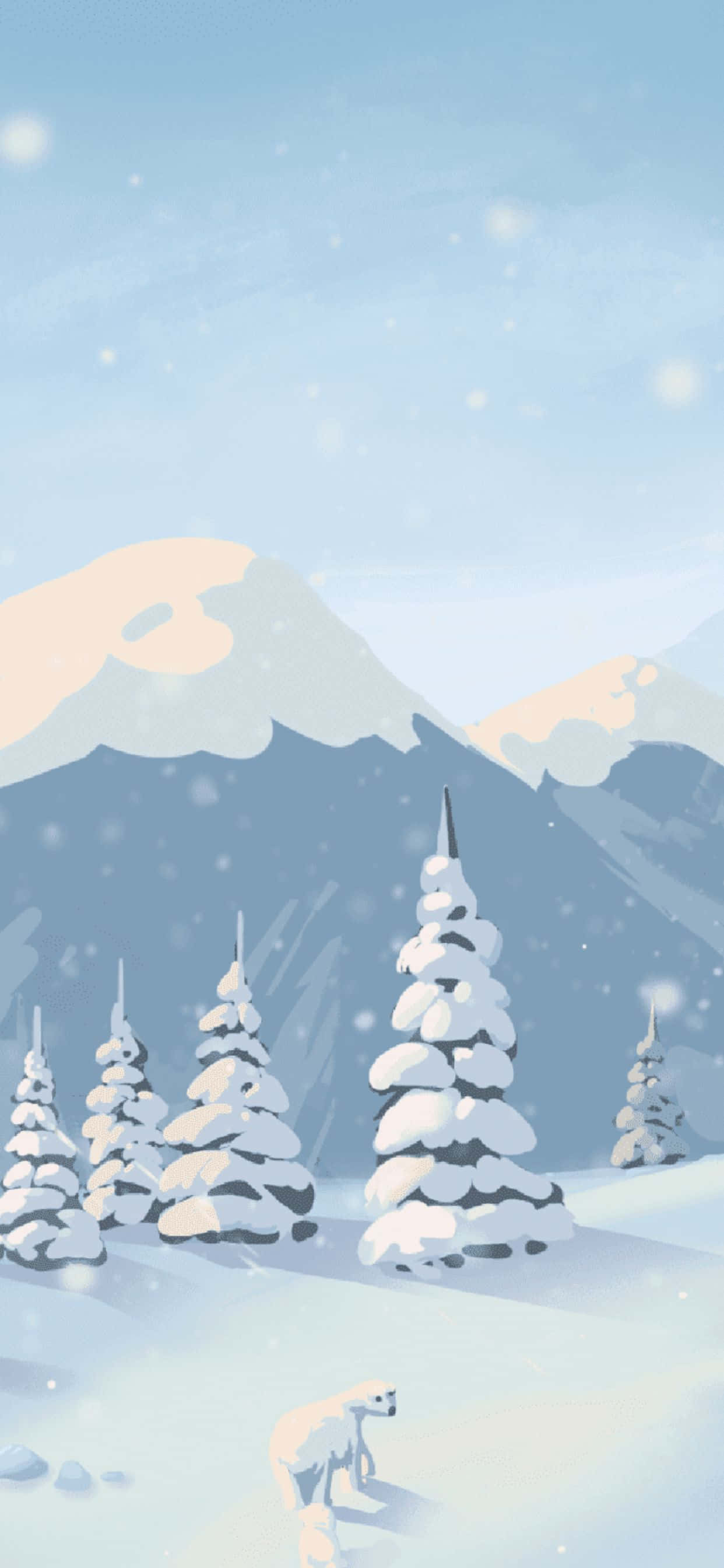 Minimalist Phone 桌布 壁紙 — 一個寧靜的冬季場景，白雪覆蓋的松樹和遠處的山脈，在柔和的藍天下飄著雪花。