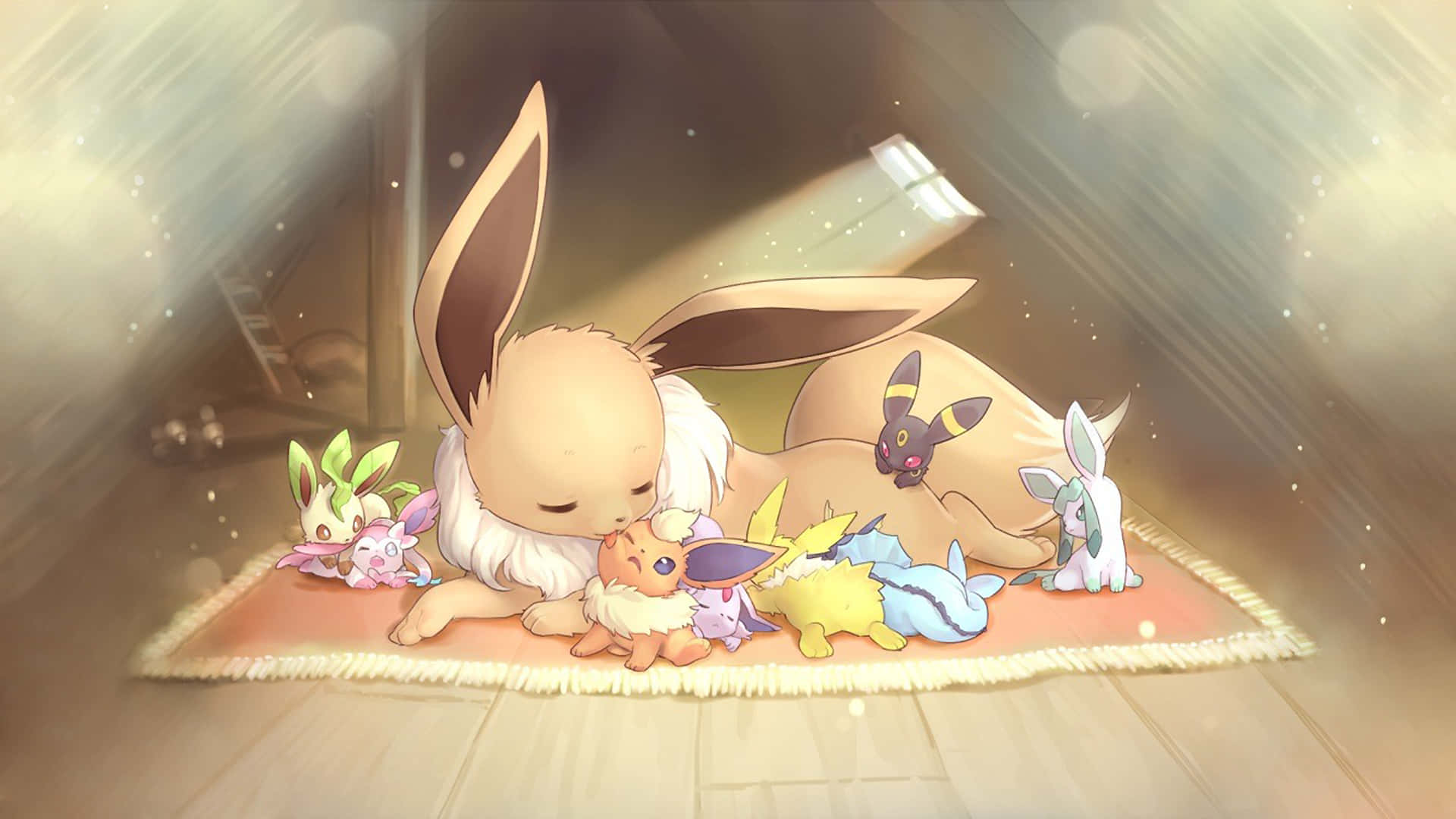 Pokemon Aesthetic Of Sleeping Eevee's Family 壁紙 — 一個寧靜的動漫場景，伊貝及其進化形態在陽光普照的閣樓地毯上一起睡覺。