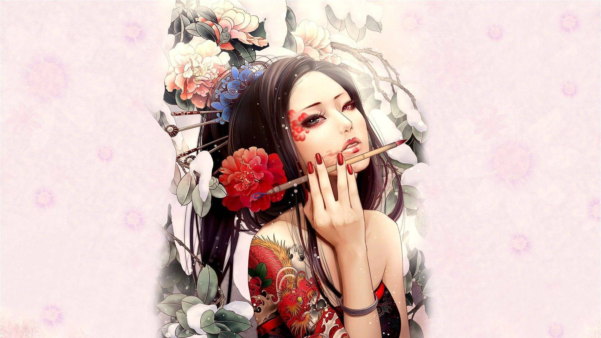 女孩 桌布 壁紙 — 一個寧靜的動漫女孩，深色頭髮和紅色花卉紋身，手持畫筆靠近嘴唇，周圍盛開的花朵襯托著柔和的粉紅色背景。