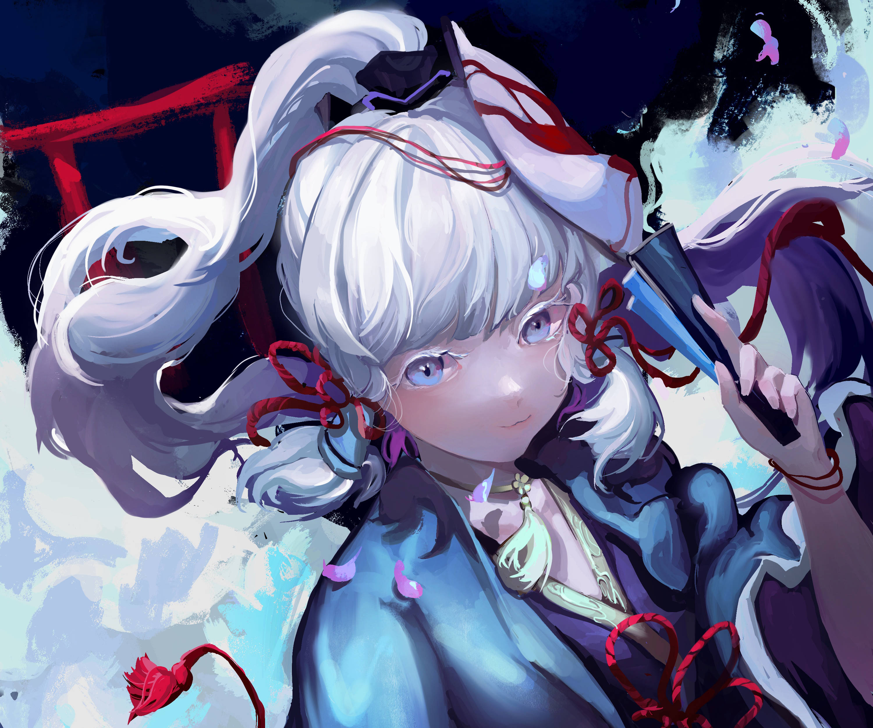 遊戲 桌布 壁紙 — 一個寧靜的動漫女孩，白髮紅絲帶，在黑暗的天空和紅色鳥居前拿著發光的手杖。