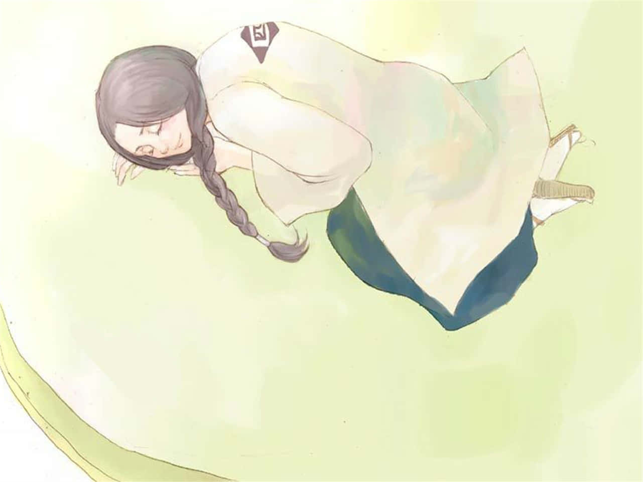 Retsu Unohana 桌布 壁紙 — 一個寧靜的動漫女孩，編著辮子，穿著飄逸的白色和綠色長袍，在柔和的粉彩背景中安然入睡。