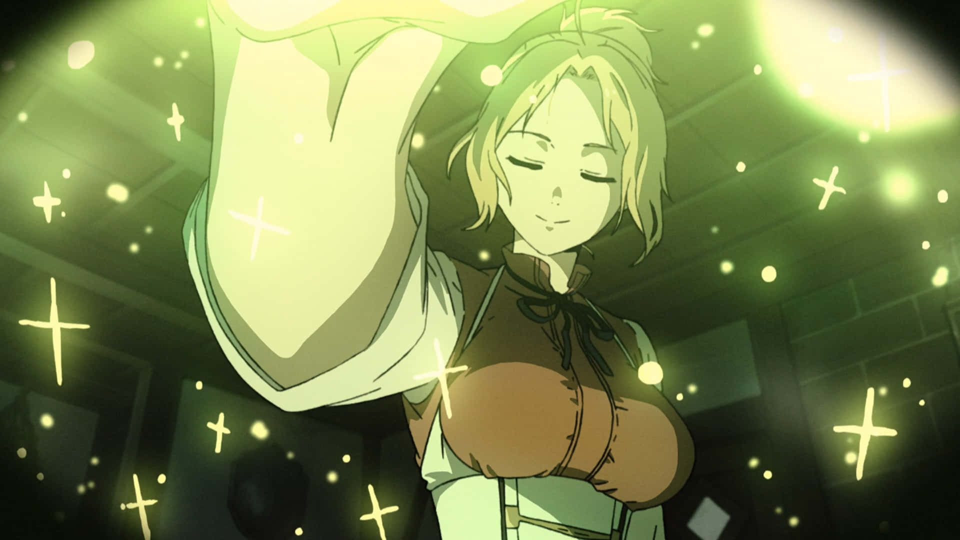 Mushoku Tensei 桌布 壁紙 — 一個寧靜的動漫女孩閉著眼睛，帶著溫柔的微笑，在昏暗的綠色房間中，漂浮的十字形光芒中握著一個發光的盾牌。