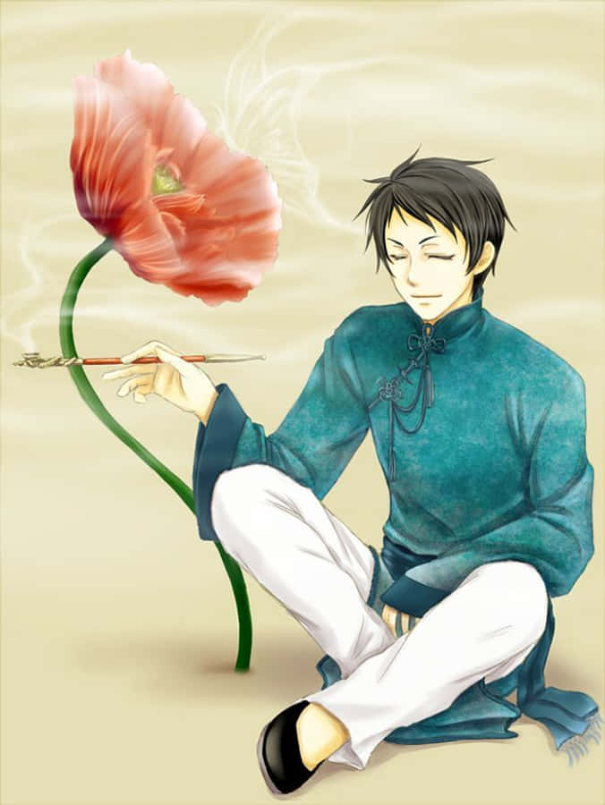 Black Butler Lau 桌布 壁紙 — 一個寧靜的動漫男孩穿著青綠色長袍，用畫筆輕輕拿著一朵巨大的紅色罌粟花，背景是柔和的米色。