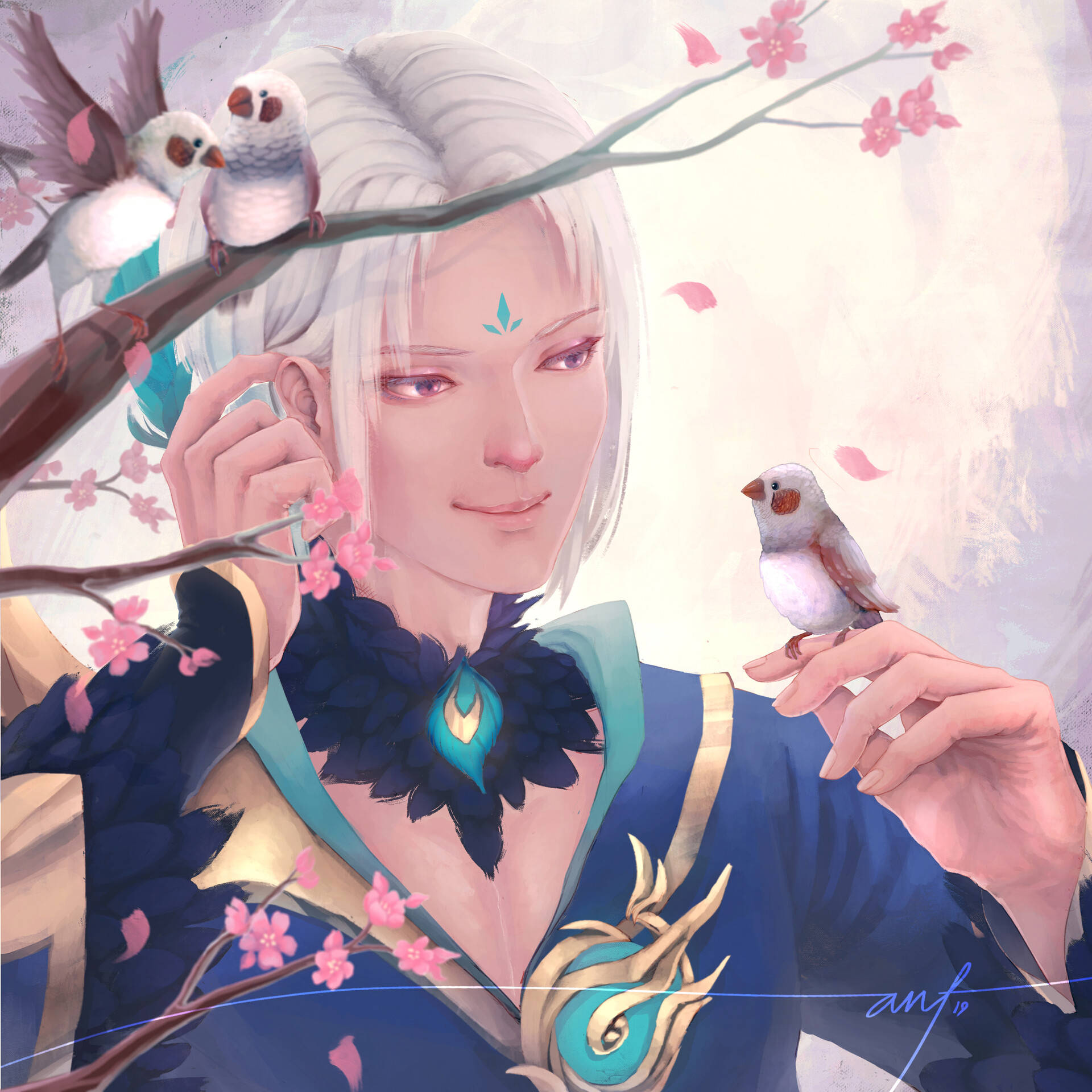 Mobile Legends 桌布 壁紙 — 一個寧靜的動漫角色，擁有白髮和青綠色點綴，在飄落的櫻花中溫柔地與小鳥互動。
