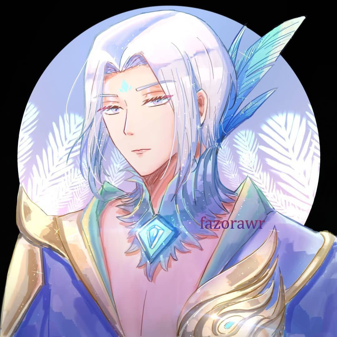 Mobile Legends 桌布 壁紙 — 一個寧靜的動漫角色，銀色頭髮和藍色羽毛點綴，穿著華麗盔甲，背景是發光的圓形葉子圖案。
