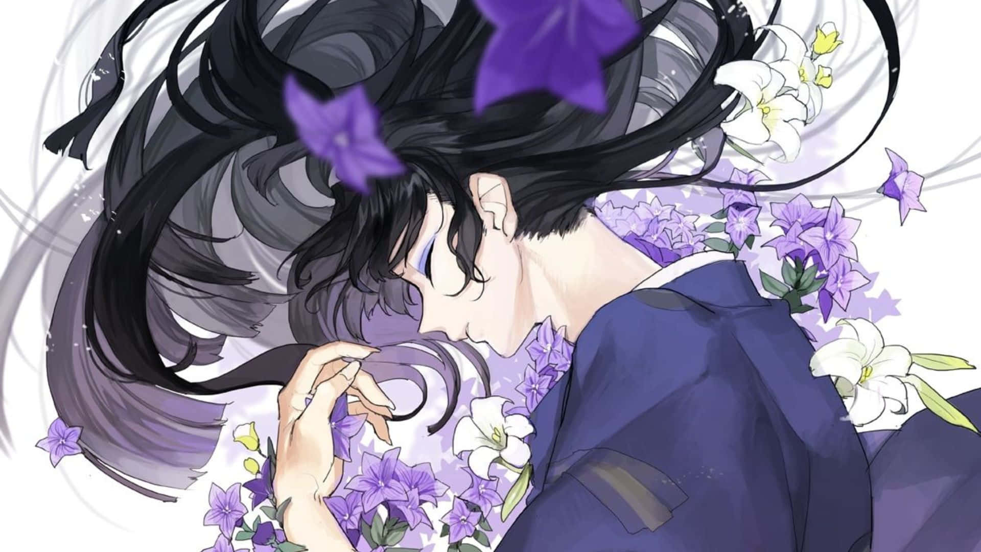 Naraku 桌布 壁紙 — 一個寧靜的動漫角色，長長的黑髮和紫色的花朵在柔和的白色背景中輕輕飄浮。