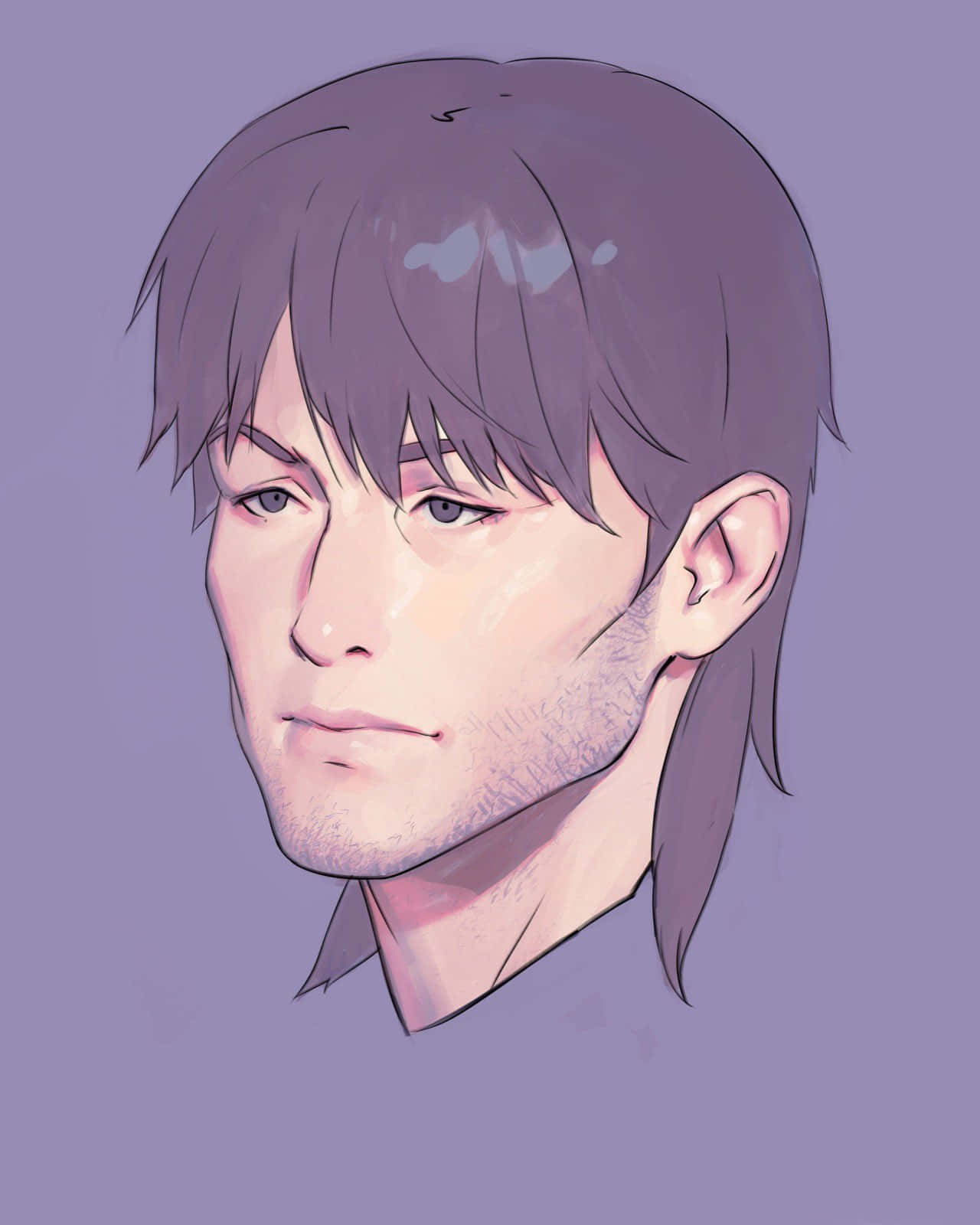 Ghost In The Shell Togusa 桌布 壁紙 — 一個寧靜的動漫風格肖像，描繪一位紫髮年輕男子，背景是柔和的薰衣草色。