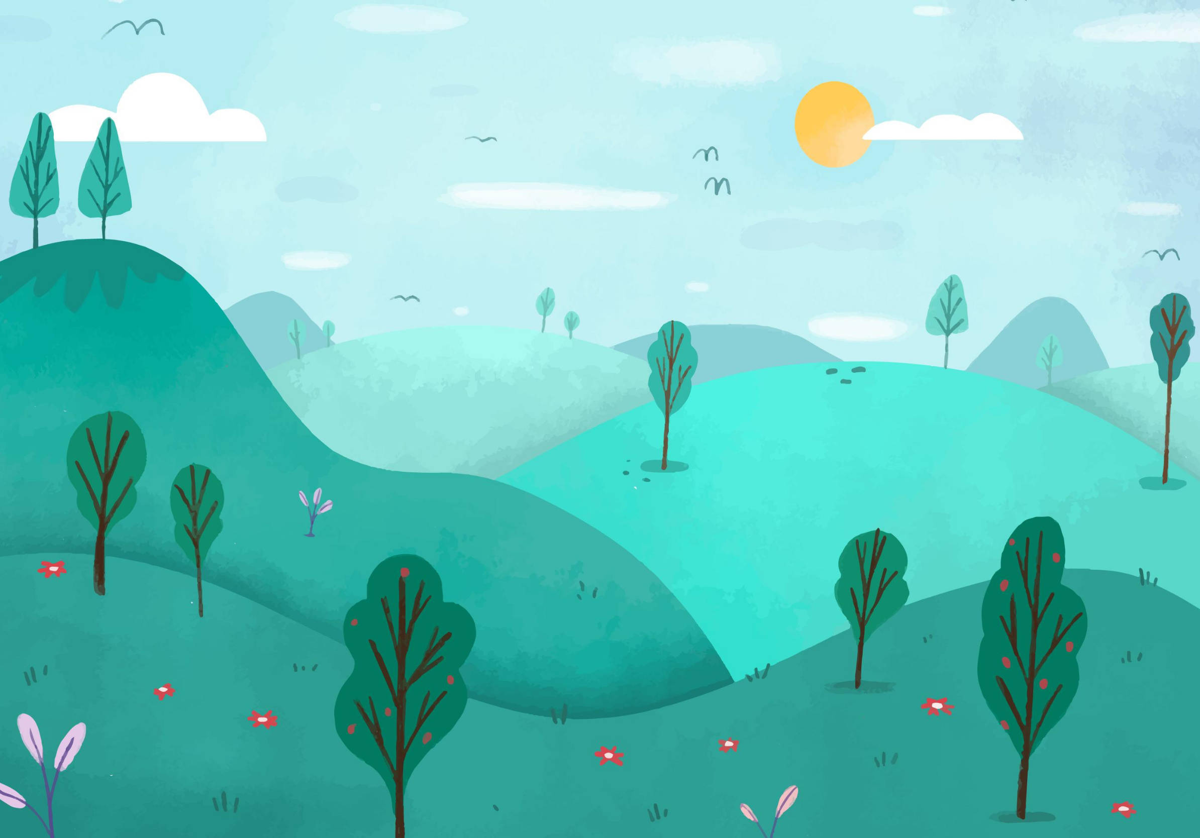 hill view 桌布 壁紙 — 一個寧靜的卡通風景，有連綿起伏的綠色山丘，點綴著樹木和紅花，在淺藍色的天空下，有一個黃色的太陽。