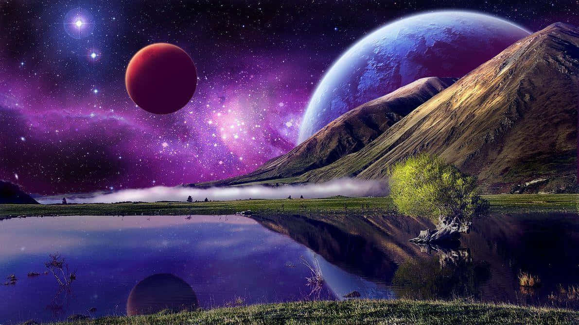 awesome 桌布 壁紙 — 一個寧靜的外星景觀，有紫色星雲、兩顆行星和一個在星空下反射的湖泊。