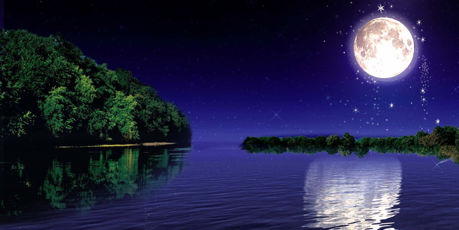 月光 桌布 壁紙 — 一個寧靜的夜晚場景，滿月倒映在平靜的水面上，四周環繞著茂密的綠樹。