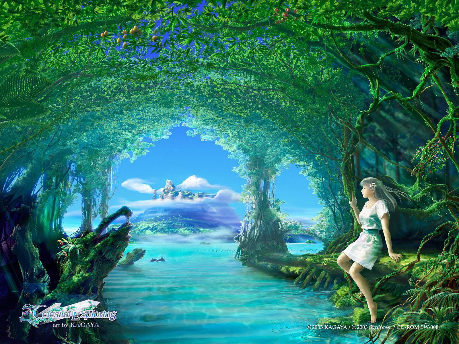 World 桌布 壁紙 — 一個寧靜的奇幻場景，一名身穿白色連衣裙的女子坐在長滿苔蘚的樹根上，透過茂密的綠色樹冠凝視著一條流向遠處浮島的綠松石色河流。