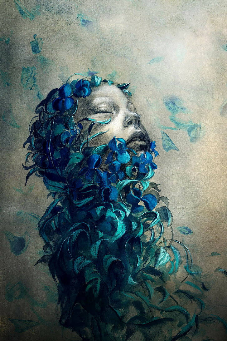 artwork 桌布 壁紙 — 一個寧靜的女性面孔從旋轉的藍色花朵和藤蔓中浮現，背景是柔和的紋理。
