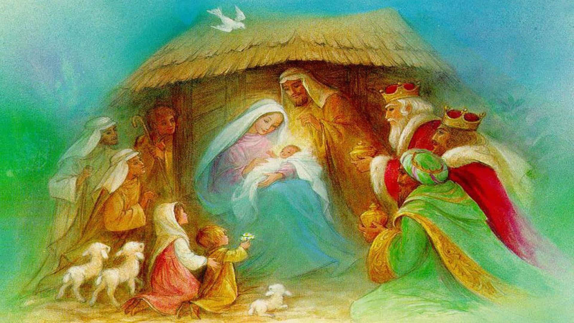 Nativity 桌布 壁紙 — 一個寧靜的宗教場景，描繪瑪利亞在簡陋的馬槽中抱著嬰兒耶穌，約瑟、牧羊人和三位博士在鴿子下獻上禮物。