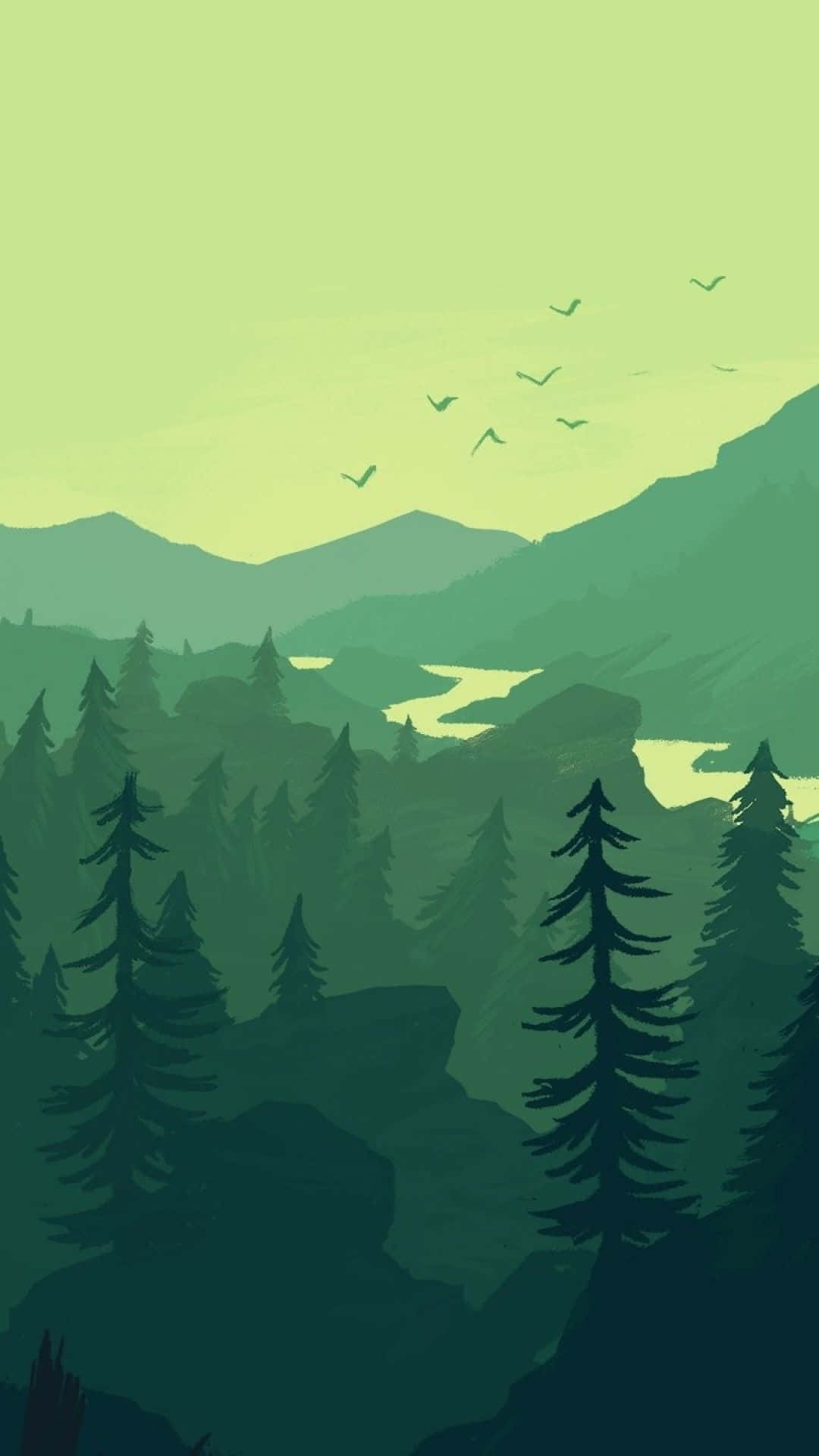 Minimalist Forest 桌布 壁紙 — 一個寧靜的山谷，有松樹和蜿蜒的河流，在淡綠色的天空下，有鳥兒飛翔。