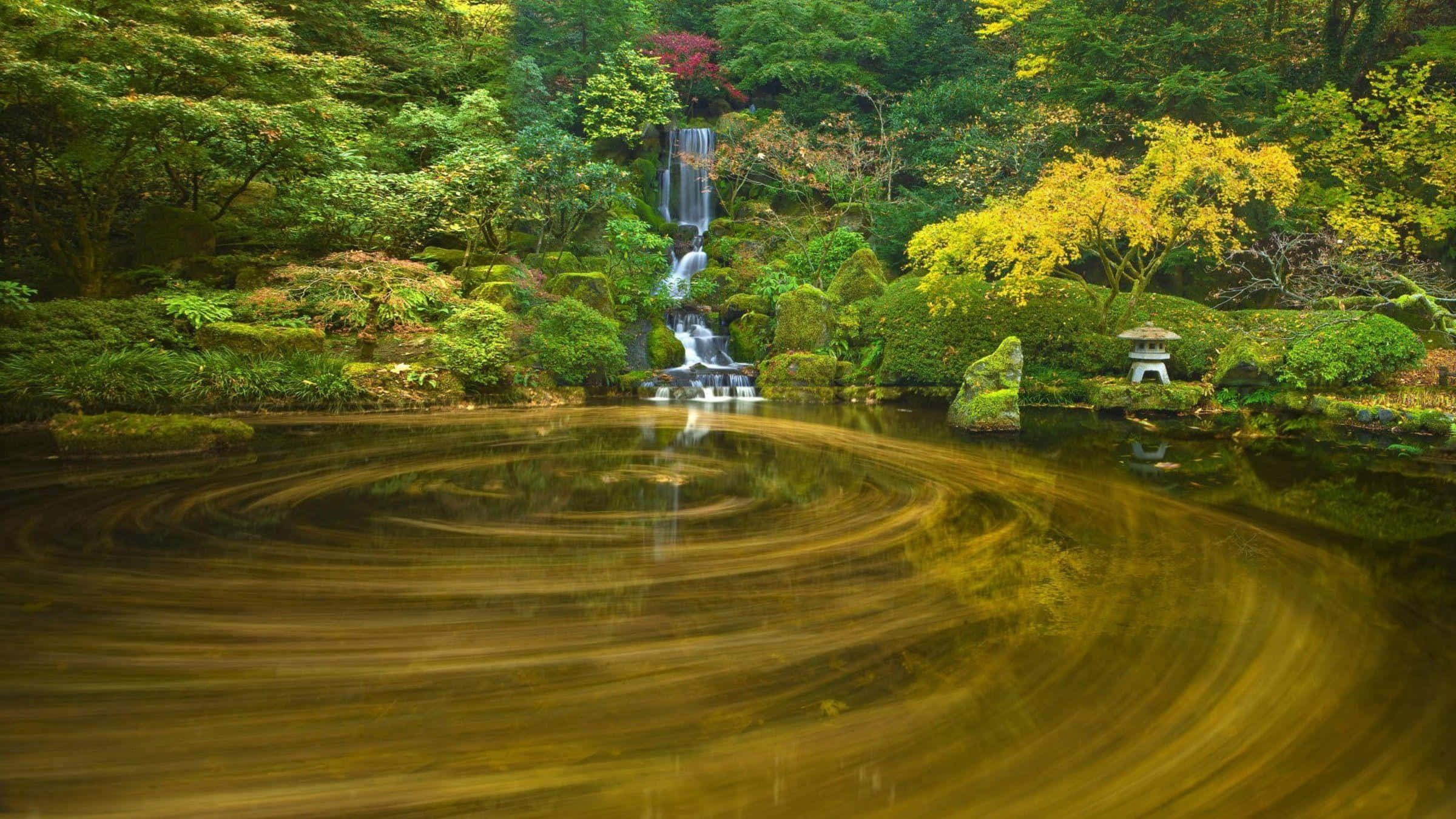Pond 桌布 壁紙 — 一個寧靜的日本花園瀑布傾瀉而下，流入一個被茂密綠色和秋葉環繞的漩渦池塘。