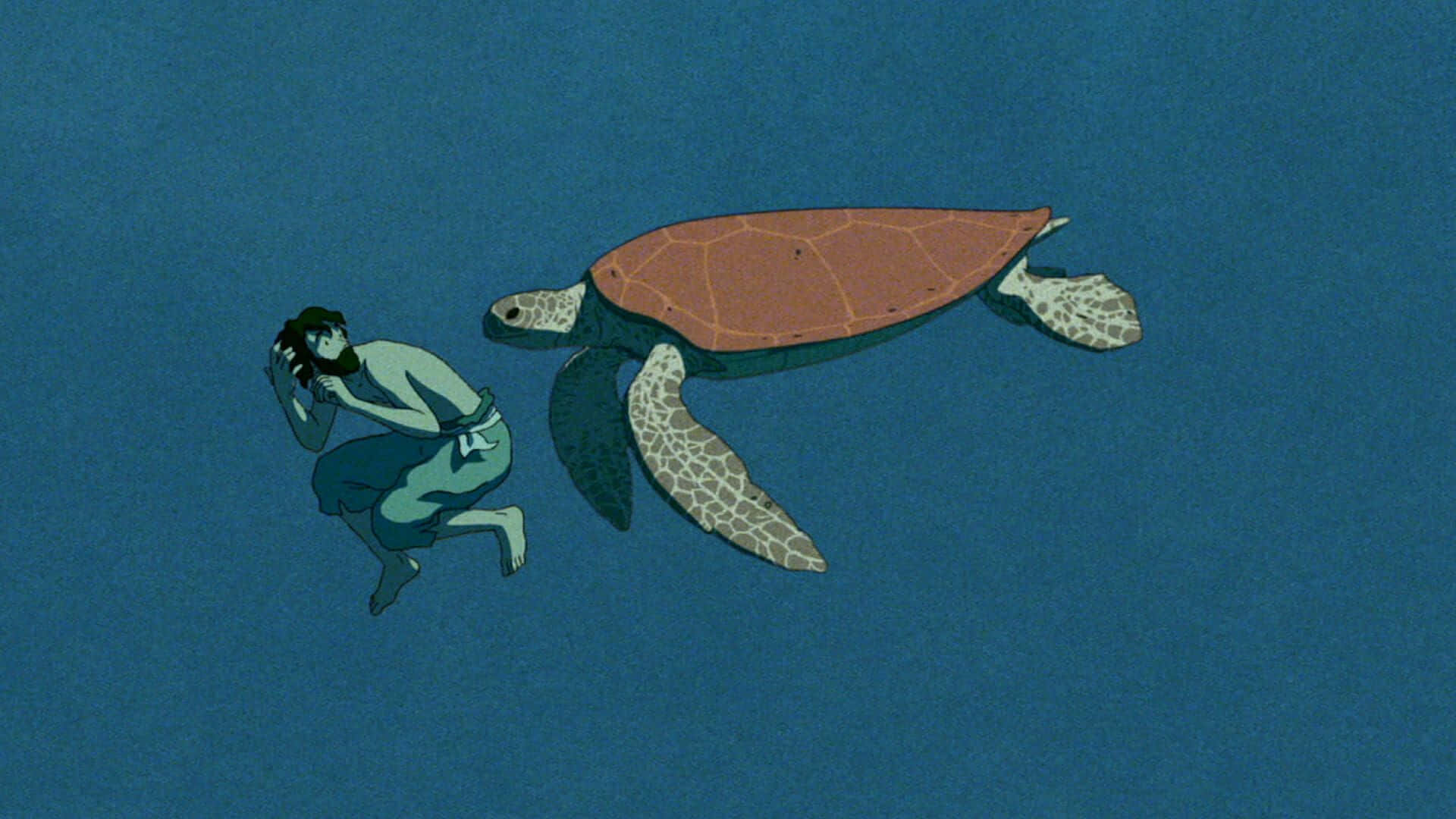 The Red Turtle 桌布 壁紙 — 一個寧靜的水底場景，一名潛水員在深藍色海洋中溫柔地游在一隻大海龜旁邊。