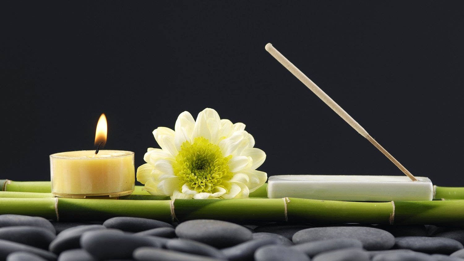 花卉動畫 桌布 壁紙 — 一個寧靜的水療場景，有燃燒的蠟燭、白色花朵、香薰棒和竹子在光滑的河石上，背景是深色的。