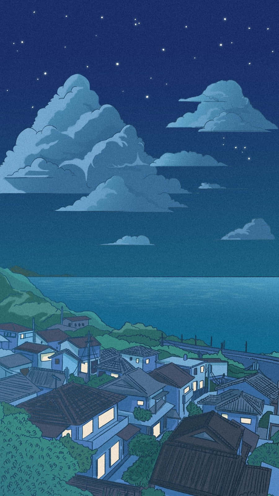 靚靚動畫 桌布 壁紙 — 一個寧靜的海邊村莊夜景，窗戶在星空和柔和的藍色雲朵下閃爍著光芒。