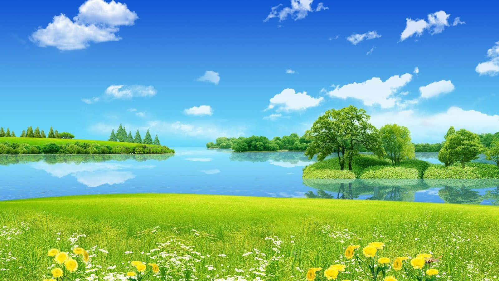 Spring Landscape 桌布 壁紙 — 一個寧靜的湖泊倒映著晴朗的藍天和蓬鬆的白雲，周圍環繞著茂密的綠草和樹木，前景有黃色和白色的野花。