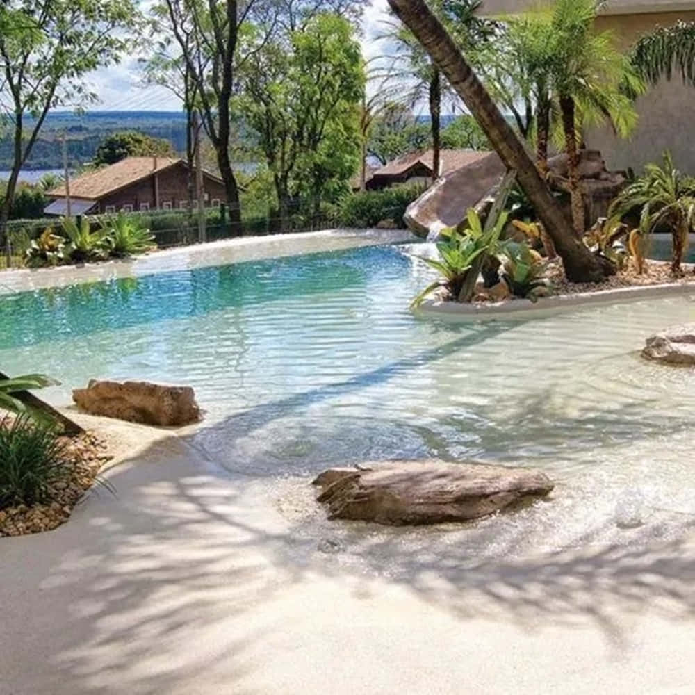 Beach Swimming Pool 桌布 壁紙 — 一個寧靜的無邊際泳池，碧綠色的池水在明亮的日光下與茂密的熱帶景觀融為一體。