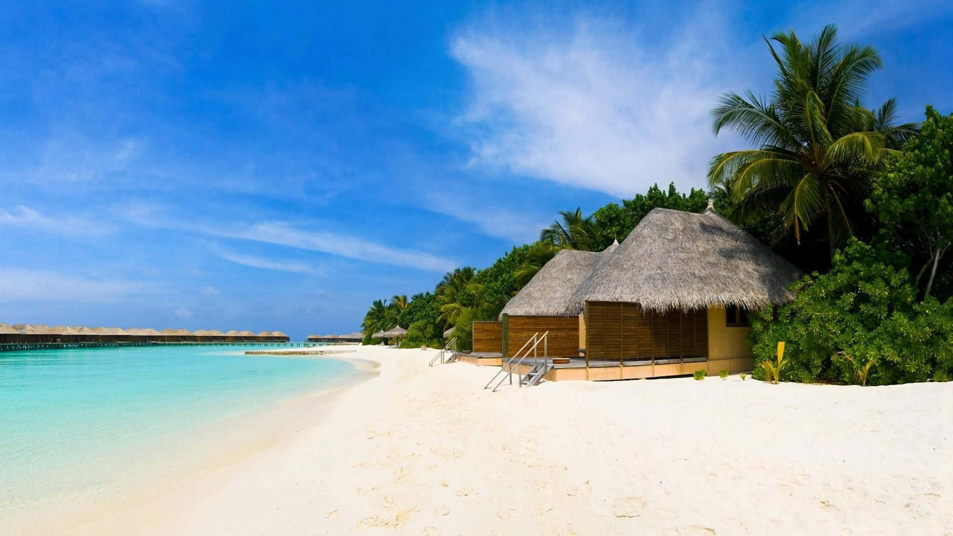 Beach Resort 桌布 壁紙 — 一個寧靜的熱帶海灘，有白色沙灘、碧綠海水和茅草屋頂別墅，坐落在棕櫚樹之間，在明亮的藍天下。