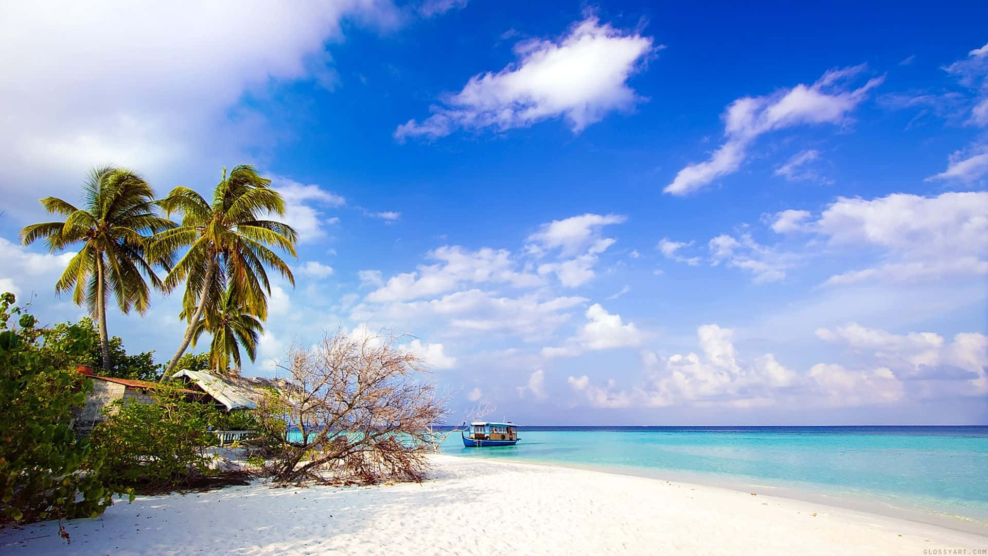 Maldives Beach 桌布 壁紙 — 一個寧靜的熱帶海灘，有白色沙灘、碧綠海水和棕櫚樹，在明亮的藍天和蓬鬆的白雲下。