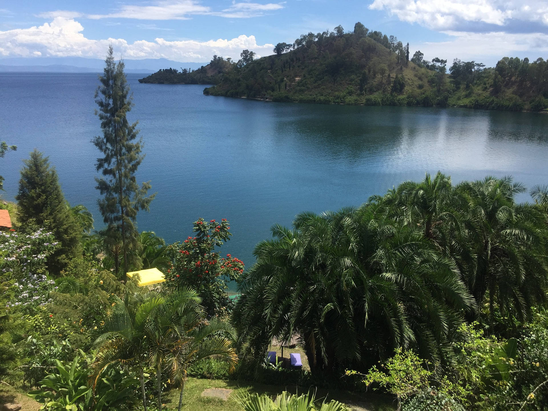 Burundi 桌布 壁紙 — 一個寧靜的熱帶湖泊，周圍環繞著鬱鬱蔥蔥的綠色山丘和棕櫚樹，在明亮的藍天和白雲下。
