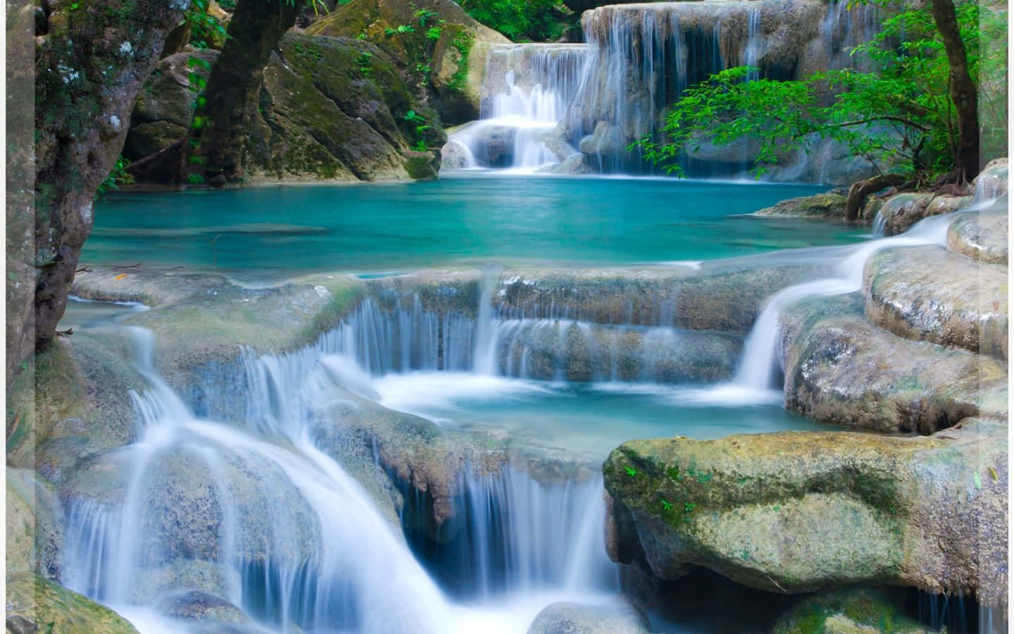 3d Waterfall 桌布 壁紙 — 一個寧靜的熱帶瀑布從長滿苔蘚的岩石上傾瀉而下，流入一個被茂密綠植環繞的碧綠色水池。
