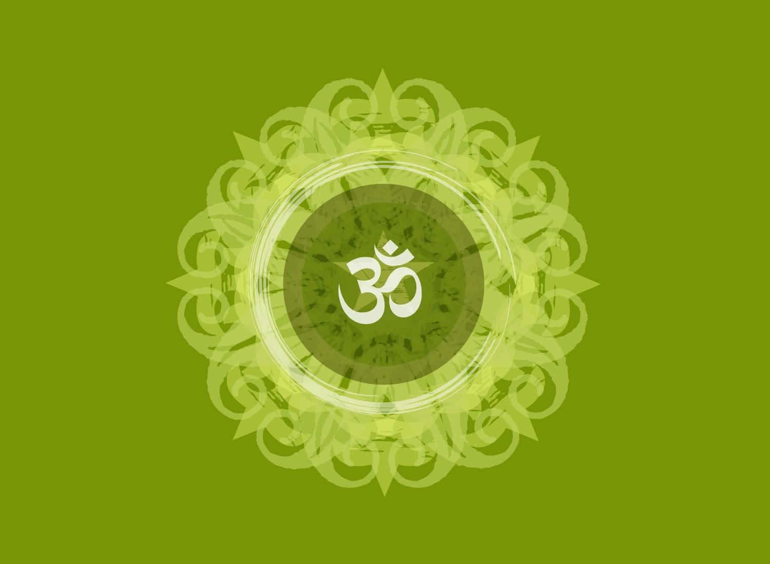 OM 桌布 壁紙 — 一個寧靜的白色 Om 符號，位於發光的綠色曼陀羅中央，背景為純橄欖綠色。
