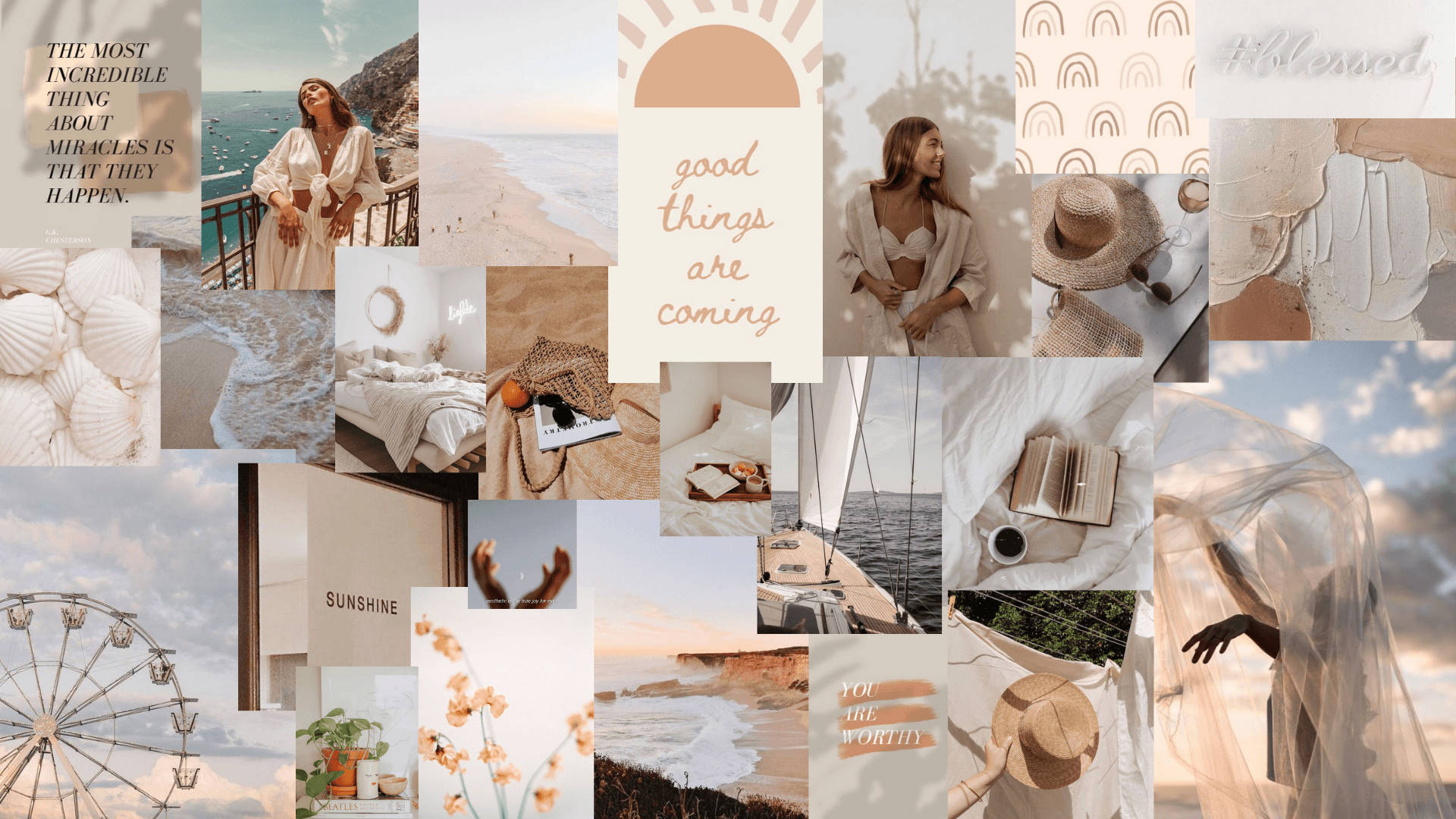 拼貼 桌布 壁紙 — 一個寧靜的米色調拼貼畫，包含海灘日落、舒適的室內設計和激發平靜樂觀情緒的勵志名言。