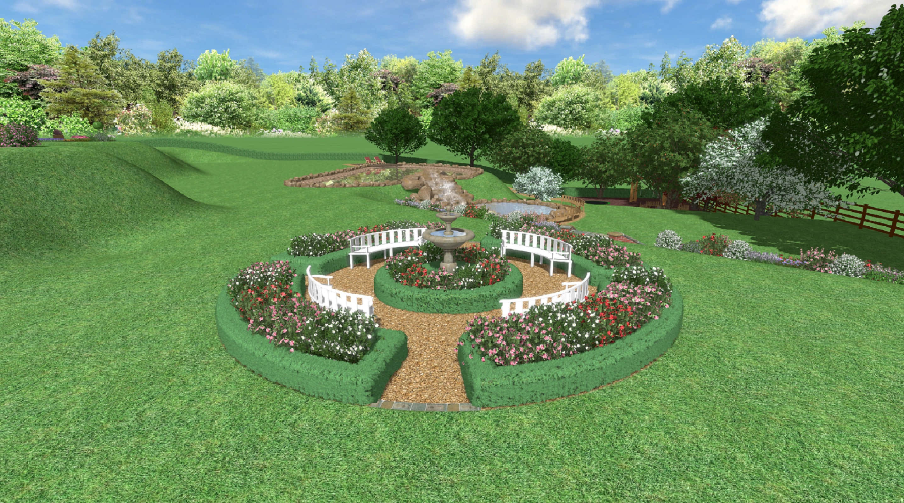 3d Landscape 桌布 壁紙 — 一個寧靜的花園，中央有噴泉，周圍環繞著蜿蜒的白色長椅和色彩繽紛的花壇，上方是明亮的藍天。