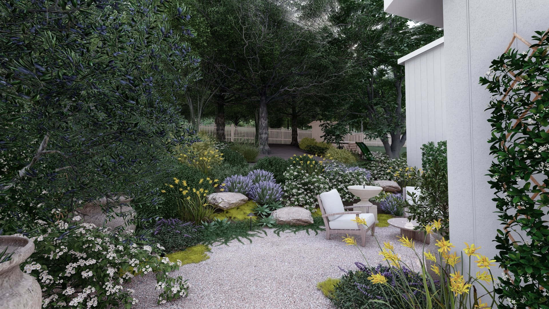 Cottage Garden 桌布 壁紙 — 一個寧靜的花園庭院，設有白色躺椅，周圍環繞著茂密的綠色植物、黃色花朵和紫色花朵，在柔和的光線下。
