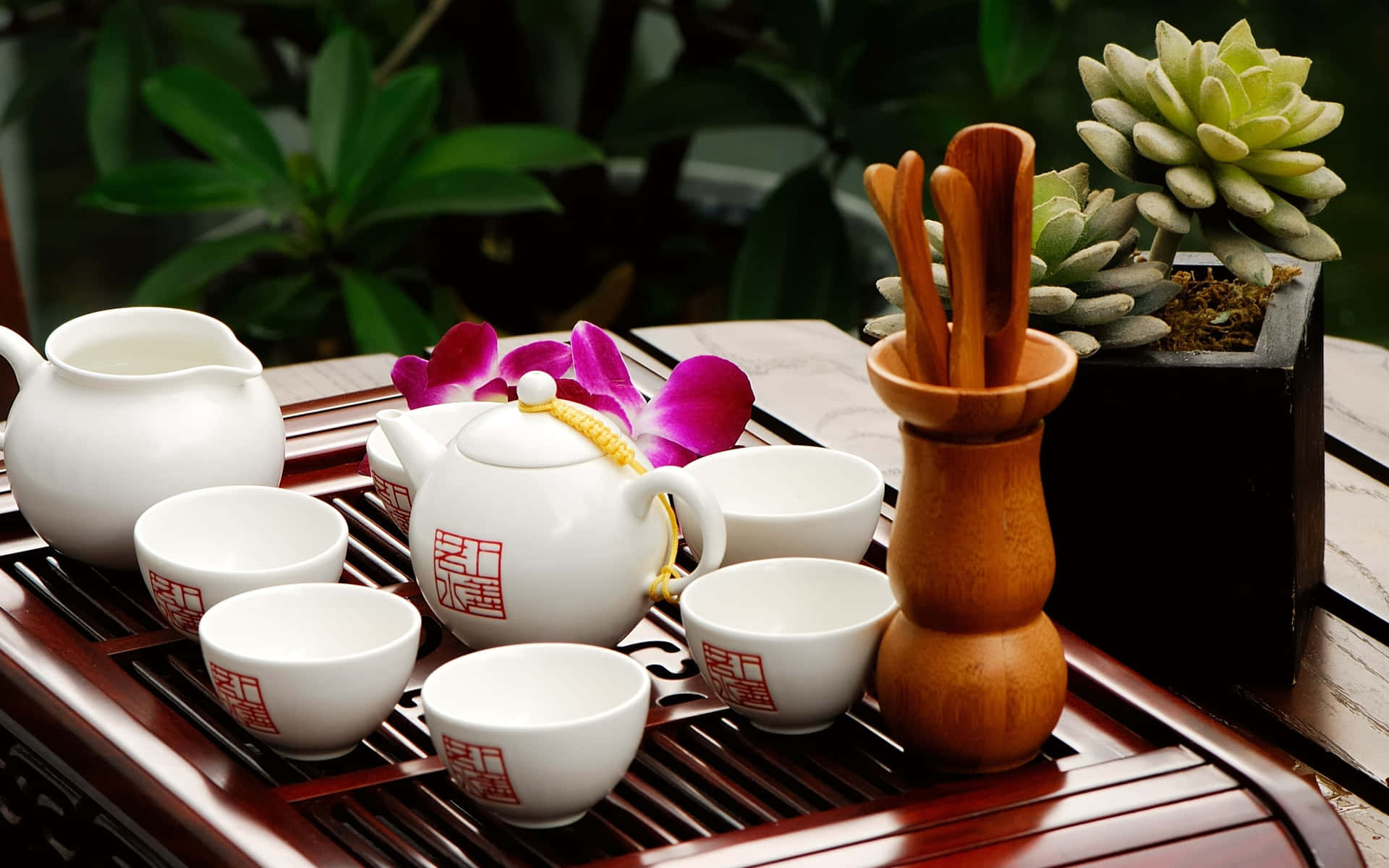 Floral Tea 桌布 壁紙 — 一個寧靜的茶具套裝，包括白色瓷杯和茶壺，放在木托盤上，旁邊是鮮豔的蘭花和一棵多肉植物。