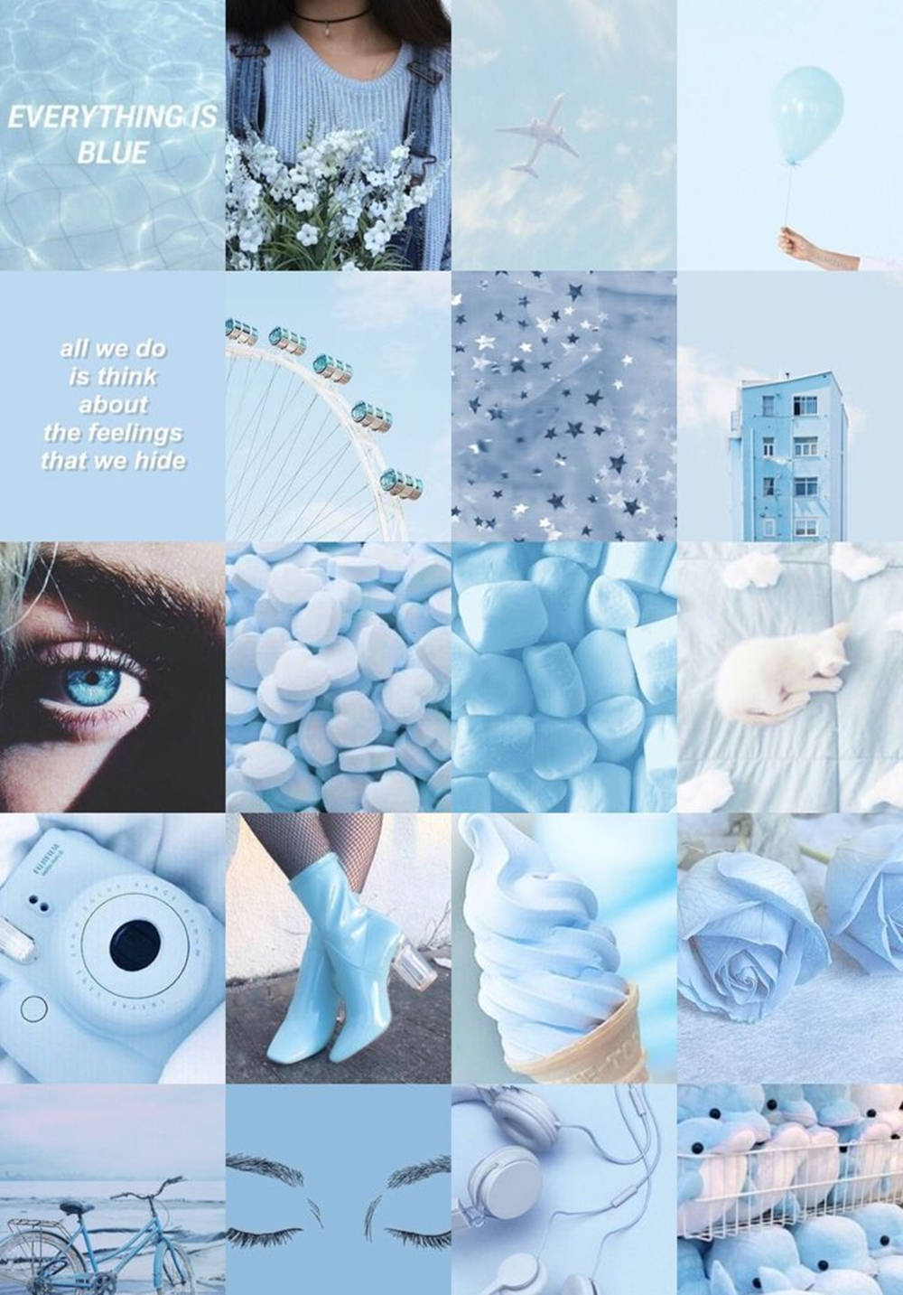 tumblr 文青風格 桌布 壁紙 — 一個寧靜的藍色主題拼貼畫， featuring 一個人與花朵、摩天輪、一隻睡覺的貓，以及各種藍色物品如雪糕和靴子。