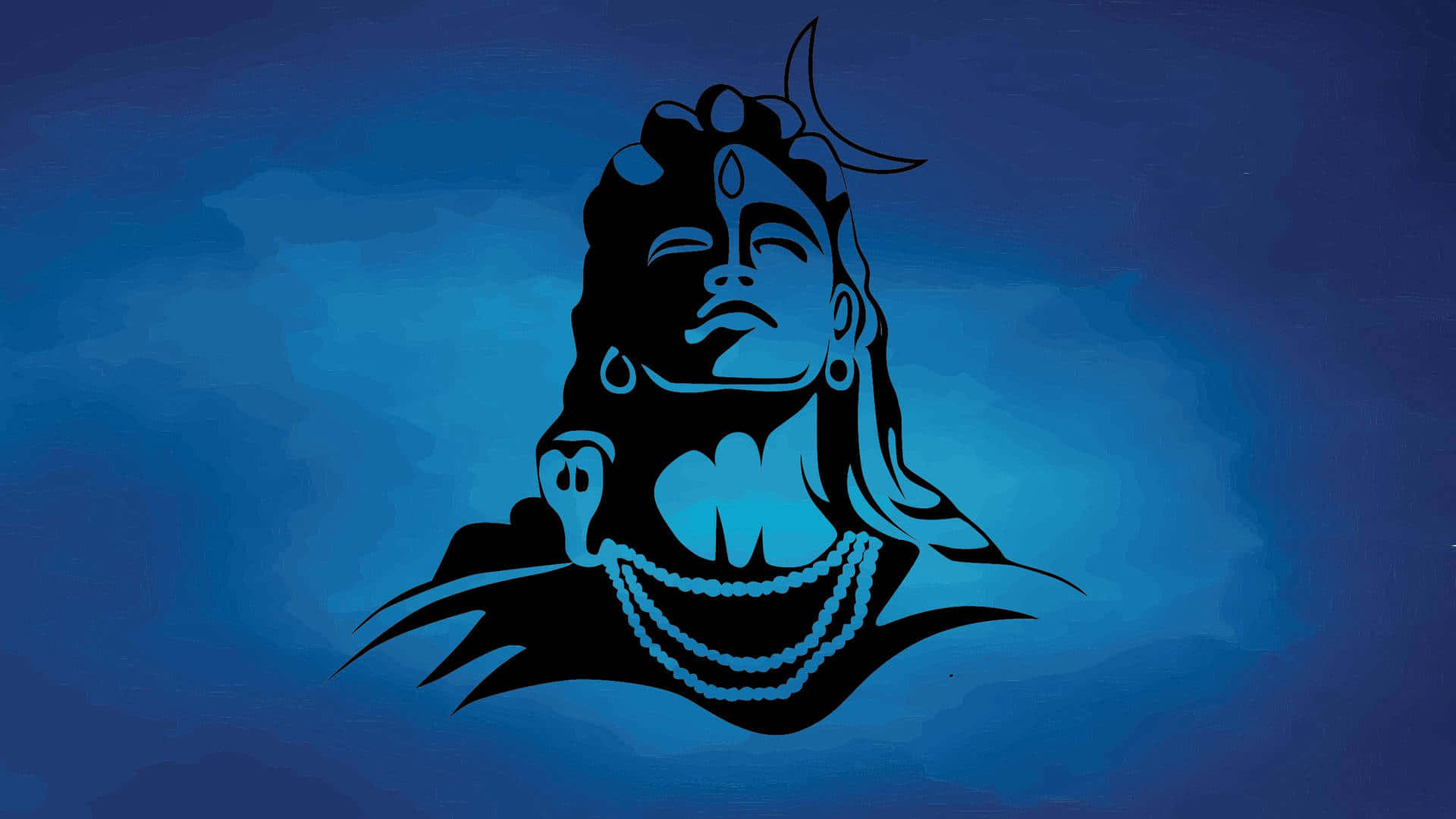 Mahadev 桌布 壁紙 — 一個寧靜的黑色剪影，描繪了帶著新月冠冕和珠串的濕婆神，背景是帶有紋理的藍色漸變。