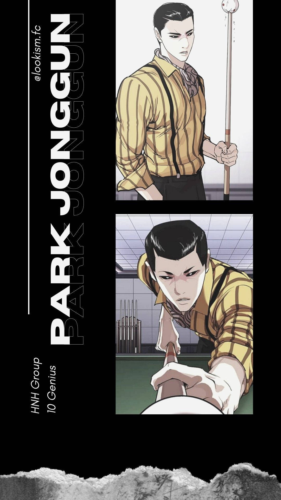 Lookism Park Jong Gun 壁紙 — 一個專注的動漫角色穿著黃色條紋襯衫，在桌球枱上專注地握著球桿。