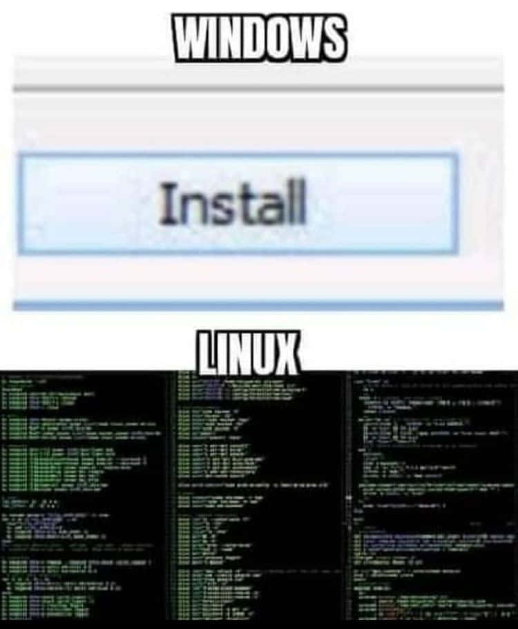 Internet Meme 桌布 壁紙 — 一個對比Windows簡單嘅「安裝」按鈕同Linux複雜嘅終端命令列嘅迷因。