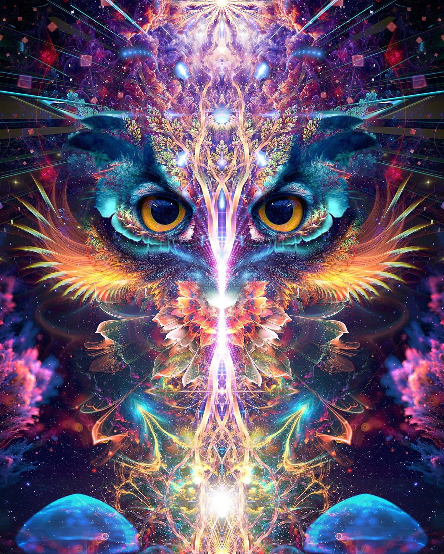 Trippy Animals 桌布 壁紙 — 一個對稱的宇宙貓臉，發光的眼睛和放射狀的分形圖案，背景是繁星點點的星雲。