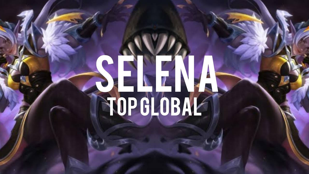 Selena Top Global《Mobile Legends》 壁紙 — 一個對稱的數碼插圖，描繪一個帶有尖牙和白色羽毛翅膀的威嚇裝甲人物，背景為紫色。