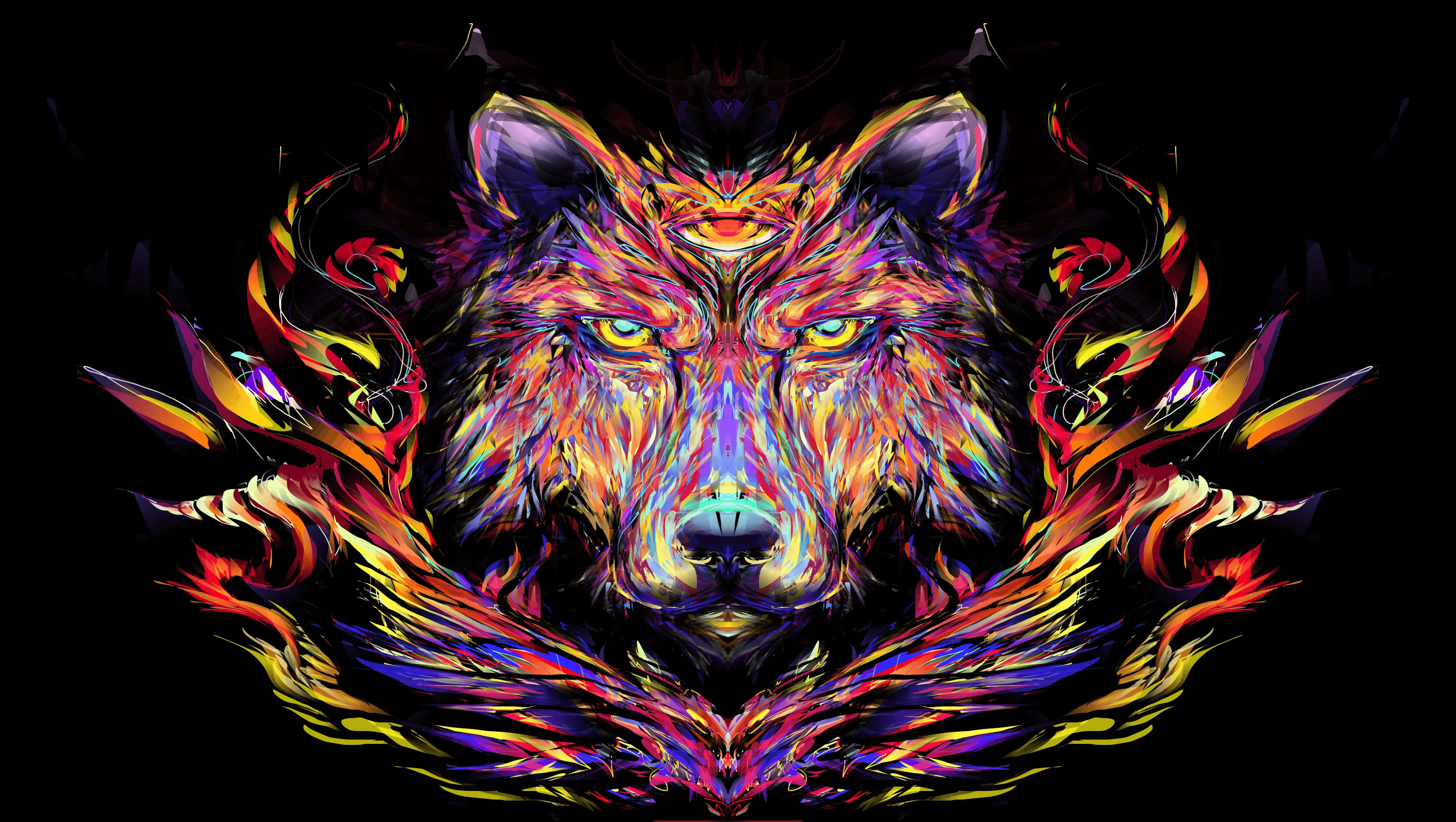 Trippy Animals 桌布 壁紙 — 一個對稱的數碼藝術狼頭，帶有發光的眼睛和火焰般的多色毛皮，背景為黑色。
