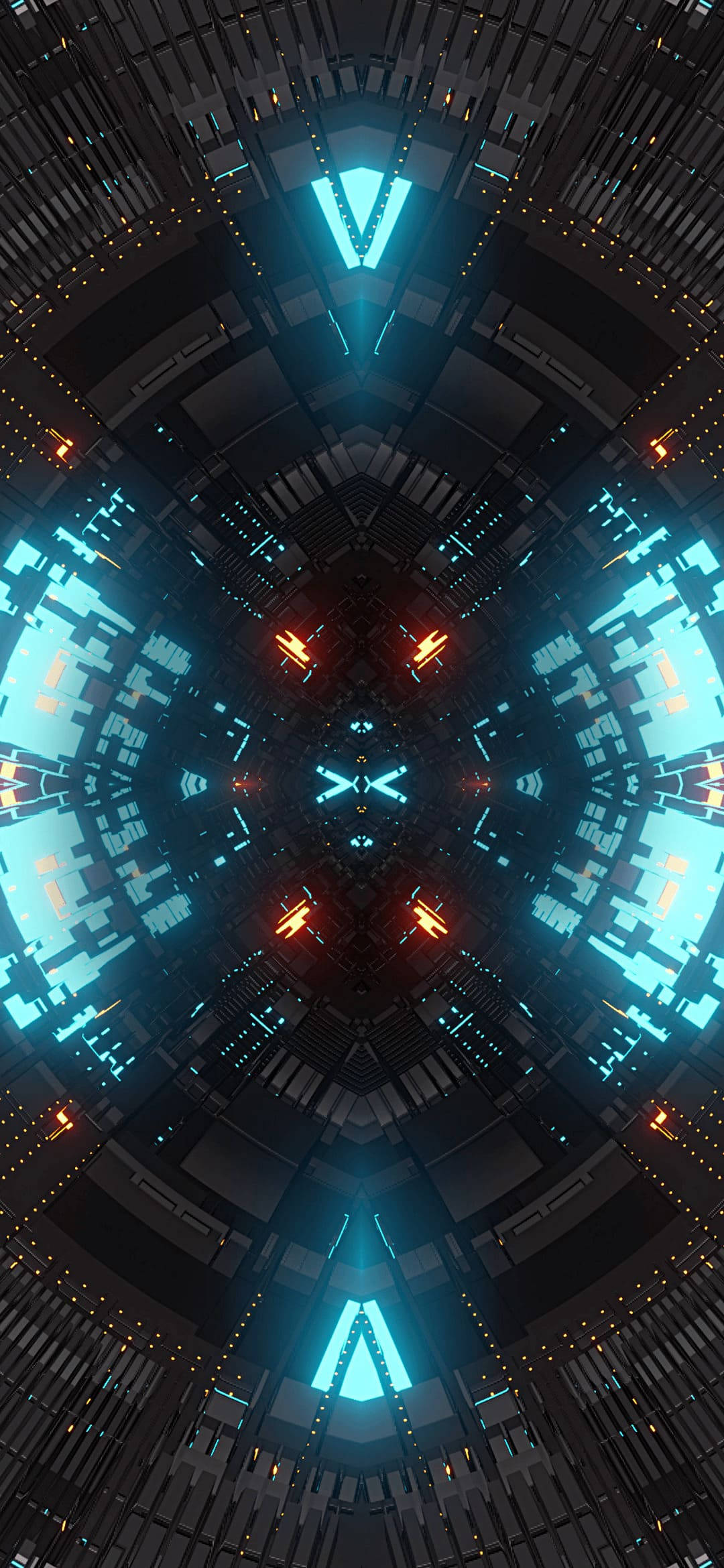 對稱的未來風格隧道，帶有發光的藍色和橙色燈光。 — 螢光藍 GIF 壁紙