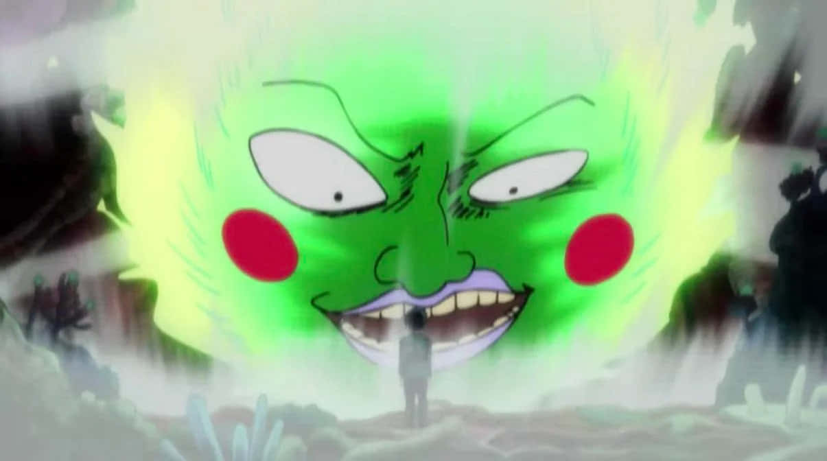 Mob Psycho 100 Ekubo 桌布 壁紙 — 一個小人企喺一個巨大發光綠色動漫怪物面前，佢有紅色面頰同一個露出牙齒嘅大笑。