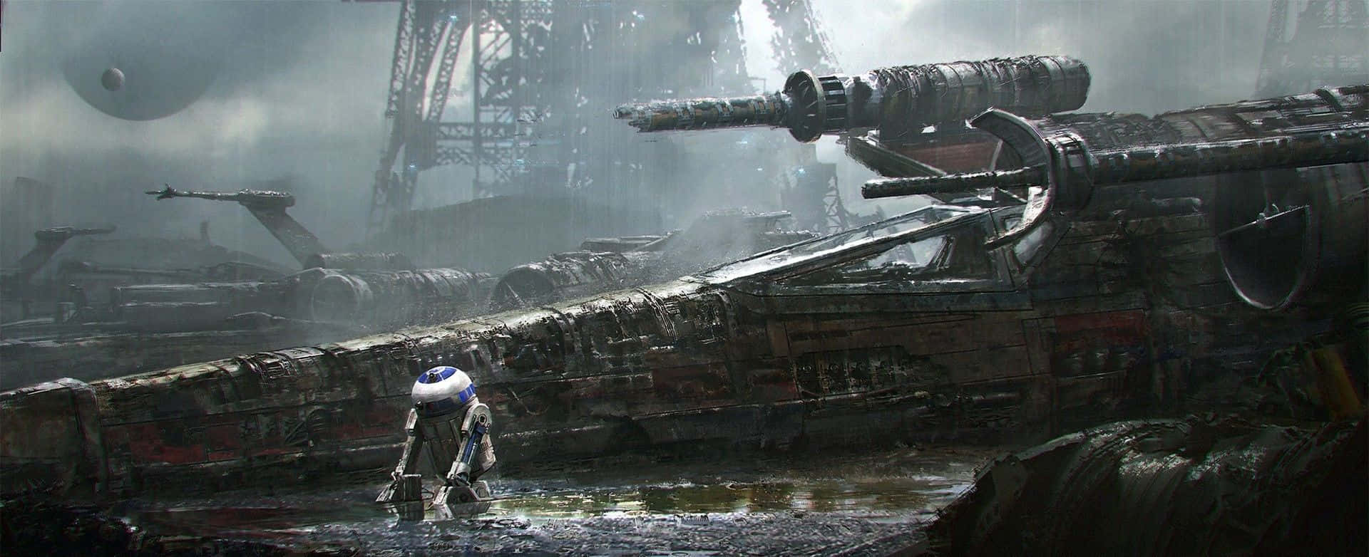X-wing Fighter 桌布 壁紙 — 一個小型機械人企喺淺水入面，喺霧氣瀰漫、被摧毀嘅太空港中，喺巨型星艦嘅殘骸之間。