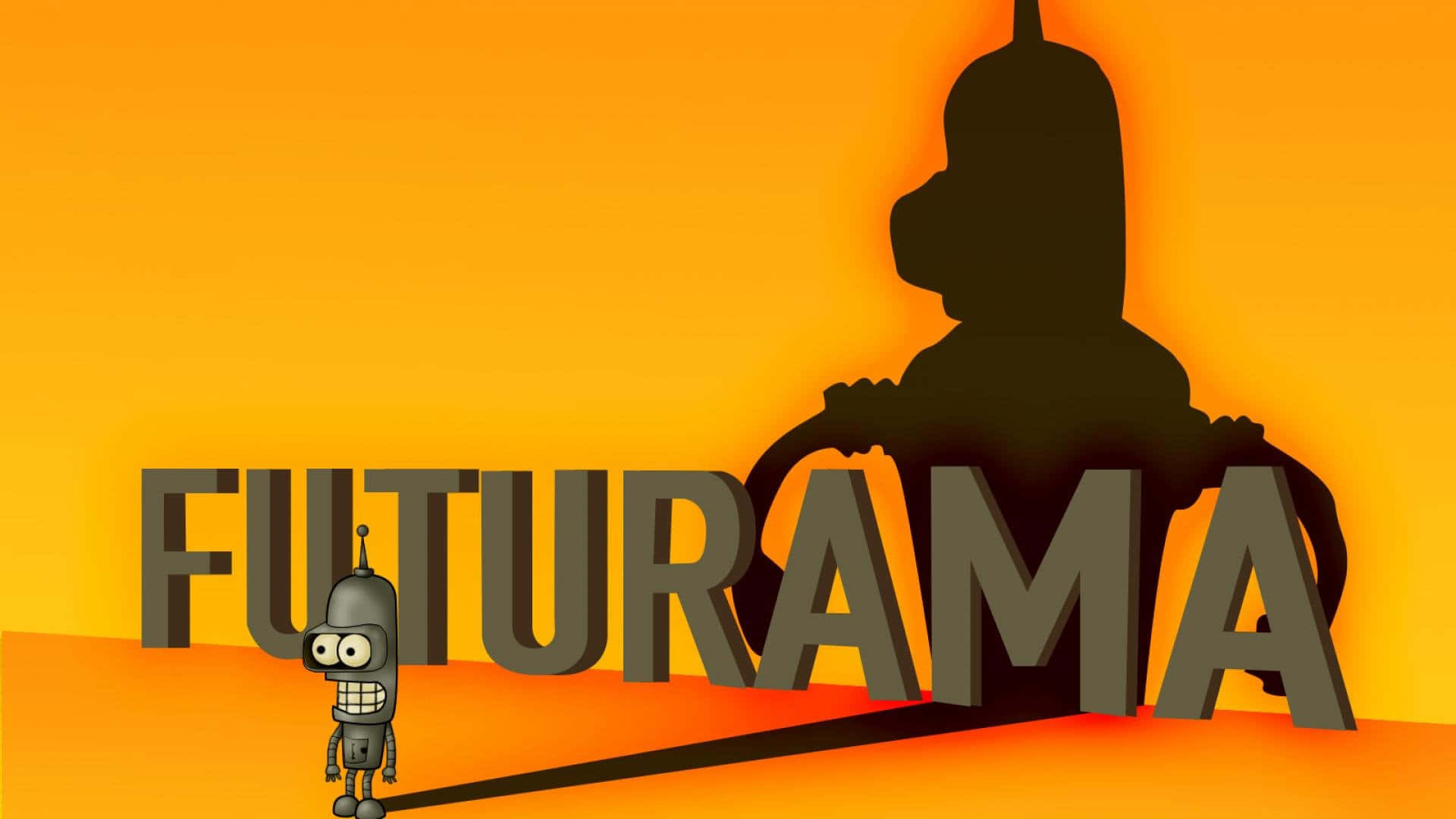 乃出未來 桌布 壁紙 — 一個小型機械人站在巨大的「FUTURAMA」字母前，背後有一個巨型機械人的影子在橙色漸變背景上若隱若現。