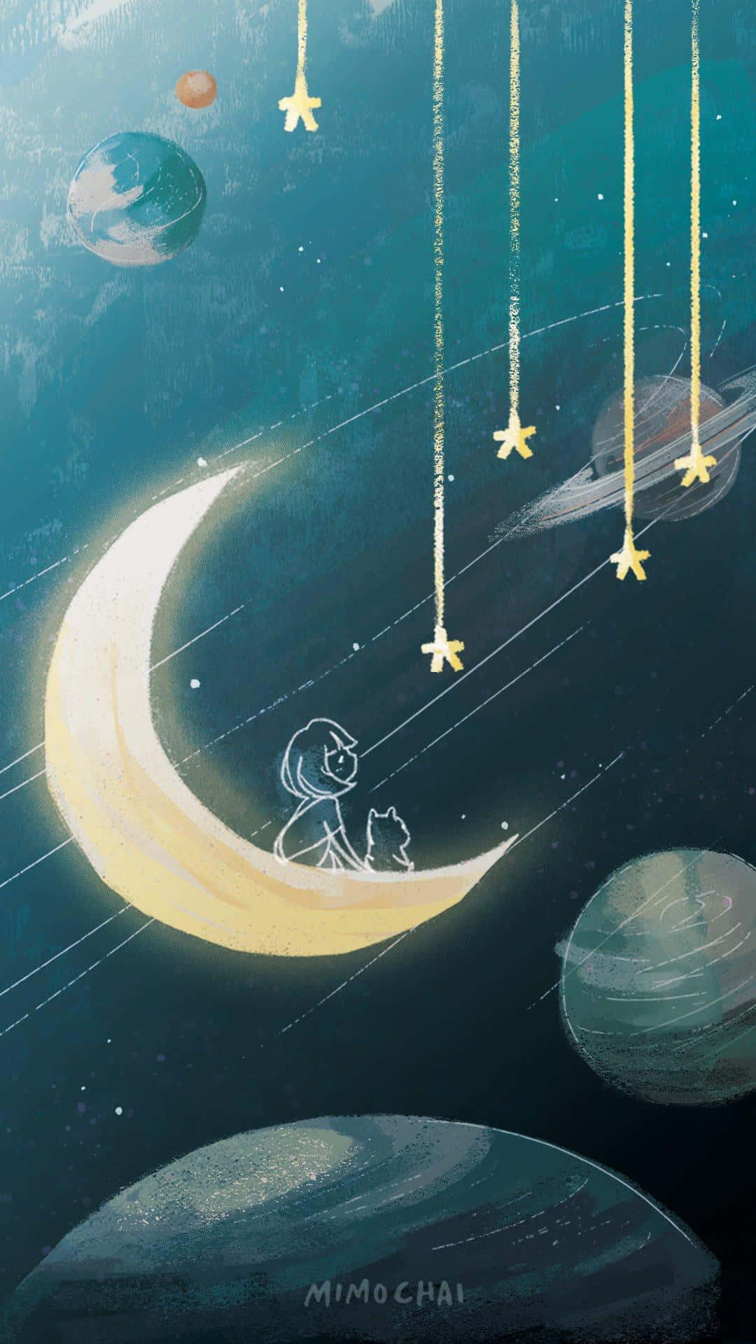 Space Phone 桌布 壁紙 — 一個小孩和一隻貓坐在發光的彎月上，周圍掛滿星星和漂浮的行星，構成夢幻的宇宙場景。