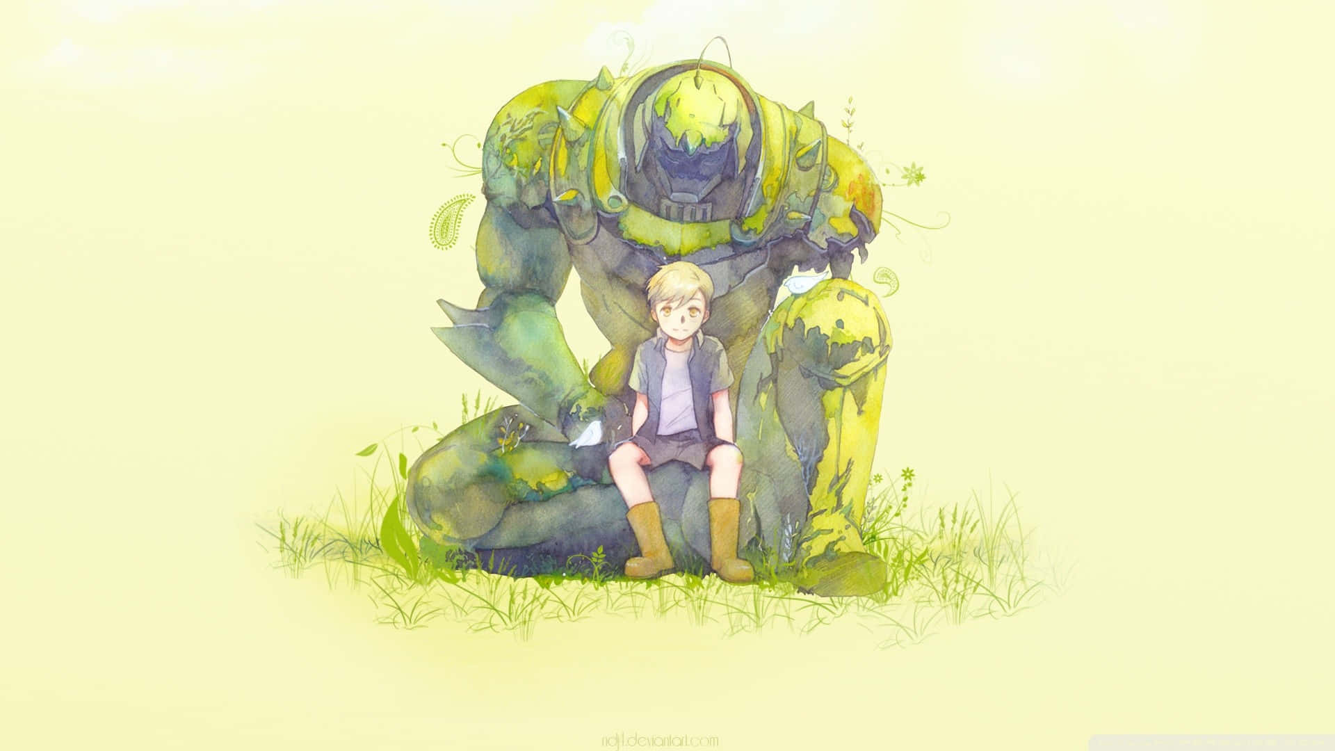 Alphonse Elric 桌布 壁紙 — 一個小孩平靜地坐在一個長滿苔蘚的巨型盔甲人物旁邊，在柔軟的草地上，光線呈淡黃色。