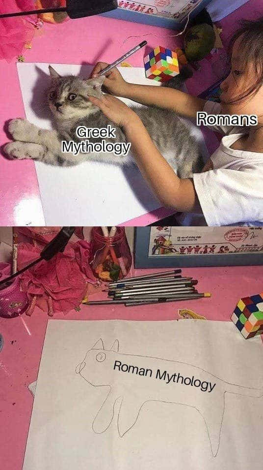 Educational Memes 桌布 壁紙 — 一個小孩正在畫一隻標有「羅馬神話」的貓，而一隻標有「希臘神話」的真貓則在附近的粉紅色書桌上休息。