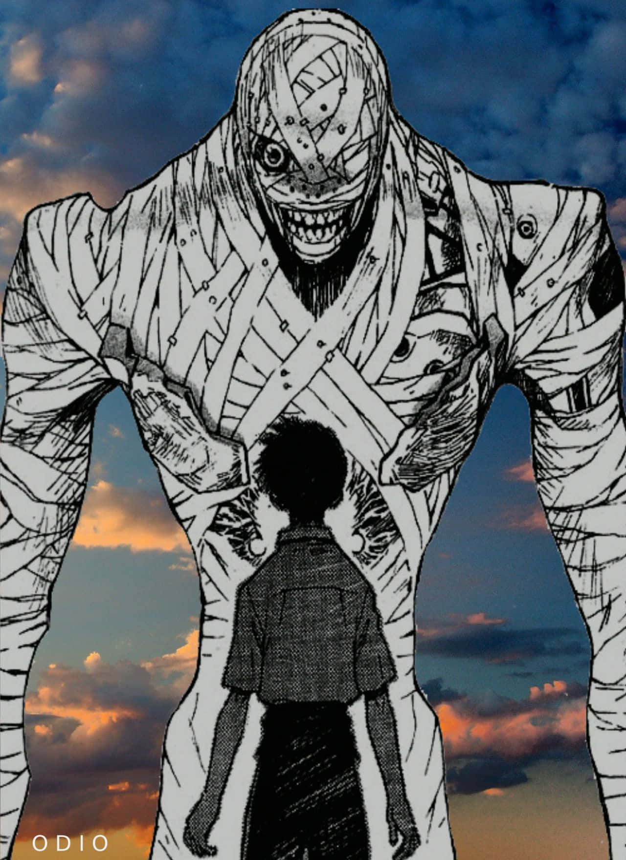 Shinji Ikari 桌布 壁紙 — 一個小孩站在一個高聳的、像木乃伊一樣的怪物面前，怪物有縫合的眼睛和鋒利的牙齒，背景是黃昏的天空。