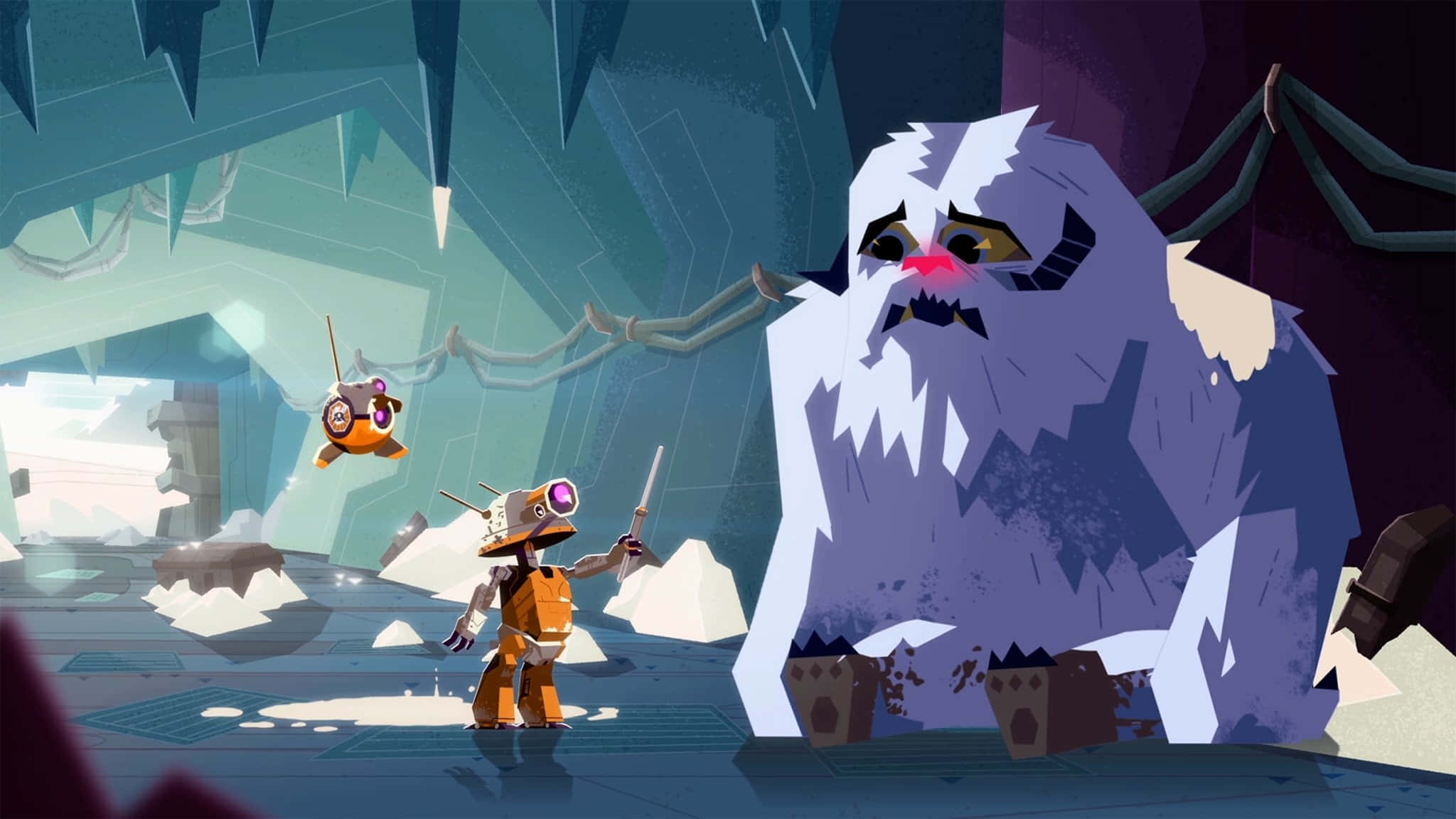 Wampa 桌布 壁紙 — 一個小機械人勇敢地面對一隻巨大的冰霜雪人，身處一個洞穴般的冰凍巢穴，周圍有發光的藍色冰層結構。